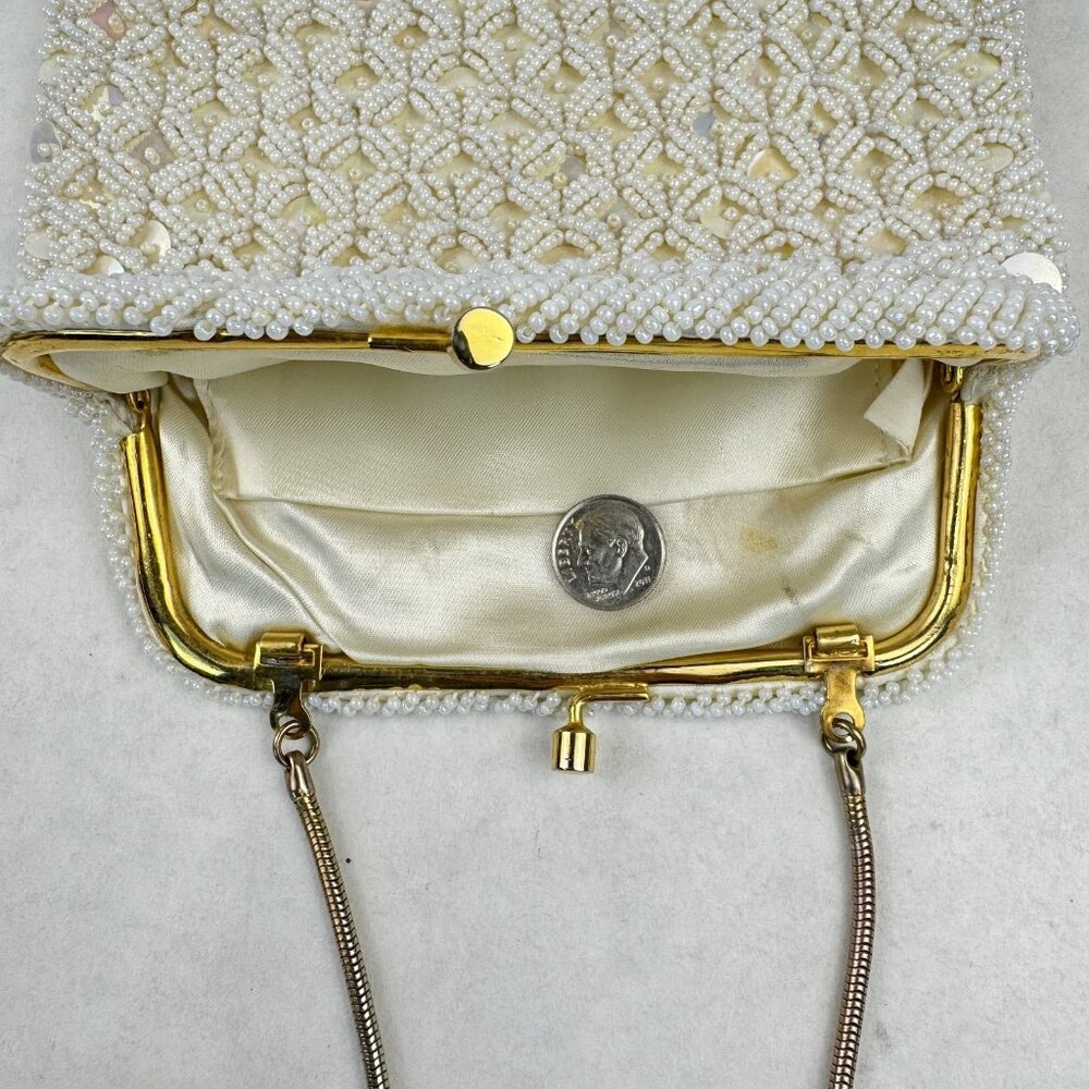Vintage Womens White Beaded Geometric Floral Evening Bag Small Clutch Purse HK - Picture 9 of 12